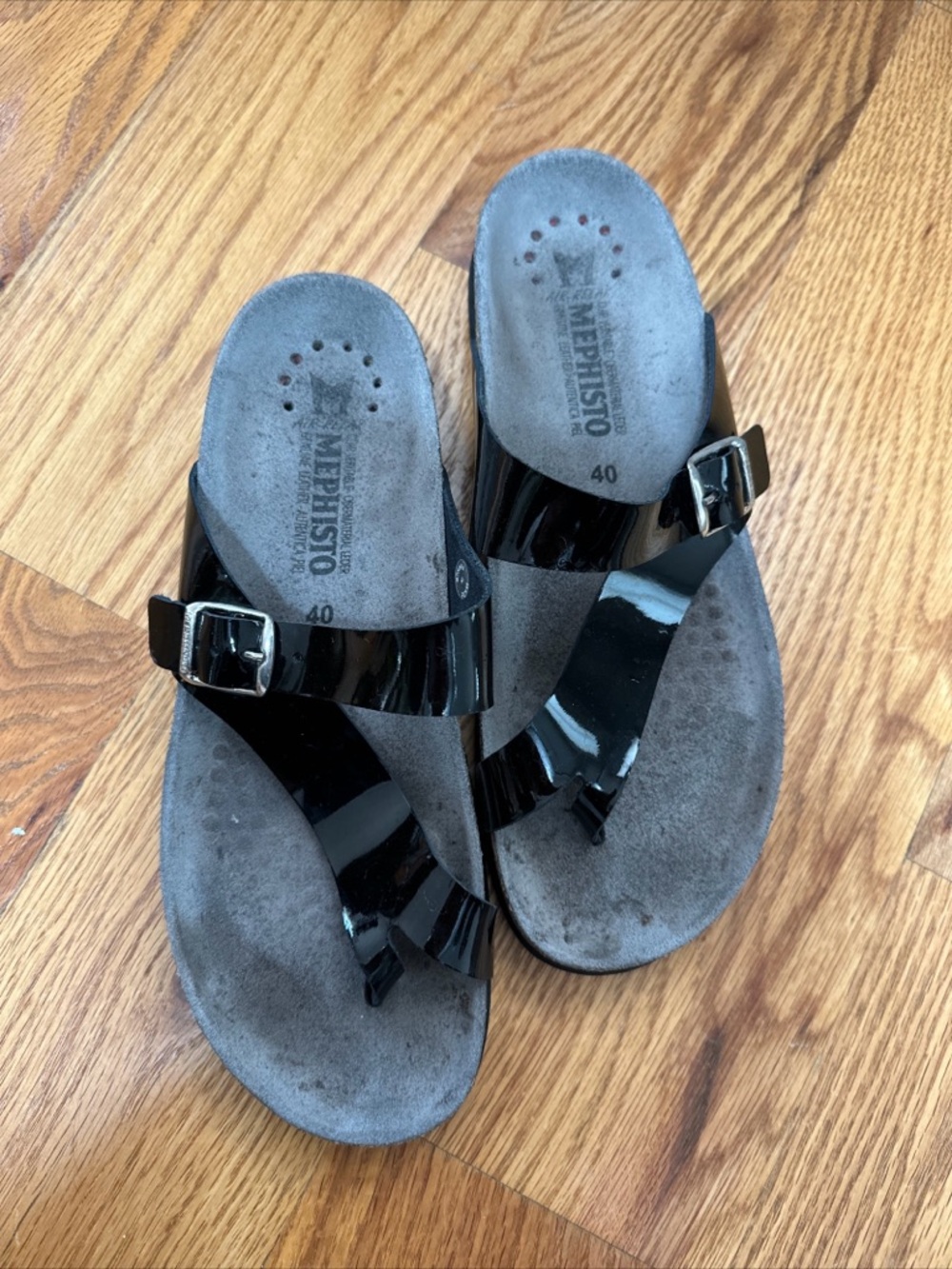 Mephisto Helen Black Patent Leather Buckle Slide Sandals size 40